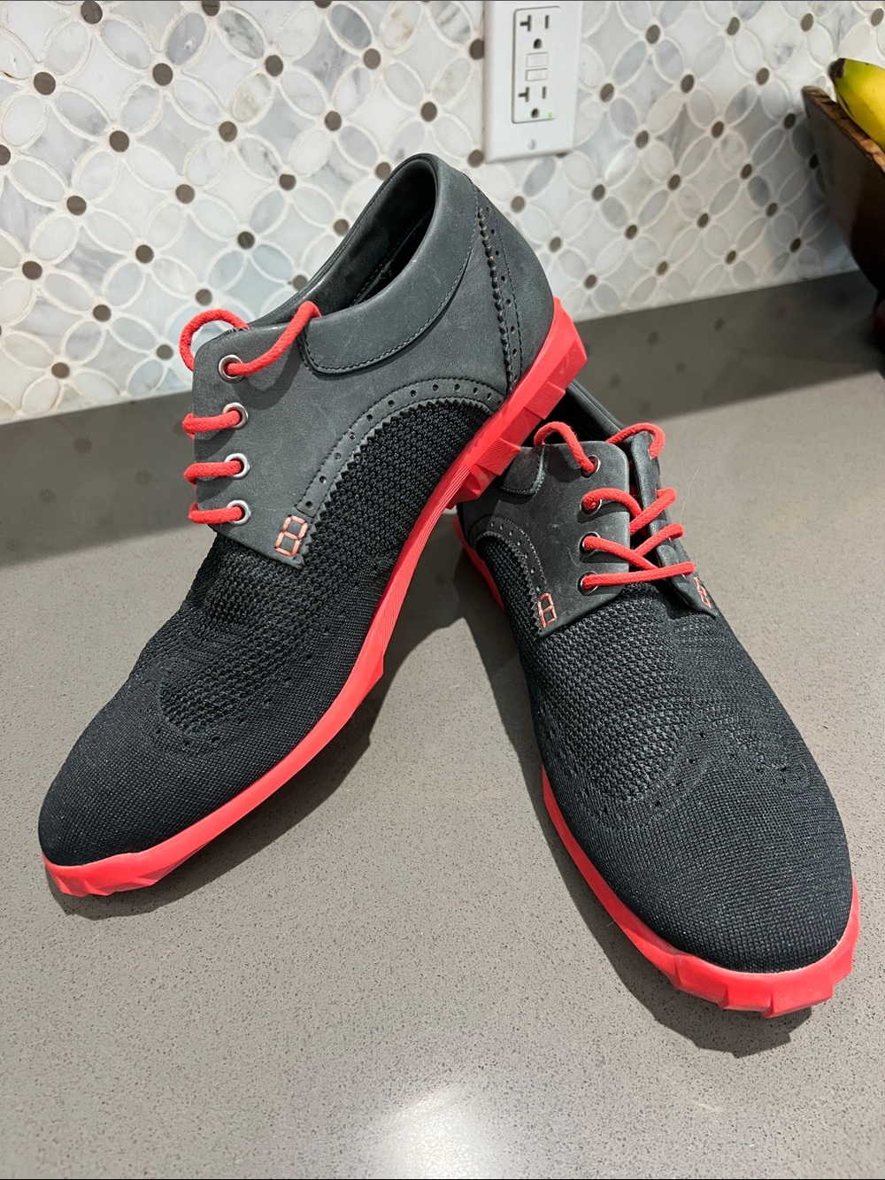 John Fluevog Black Knit Oxfords with Red Soles and Laces